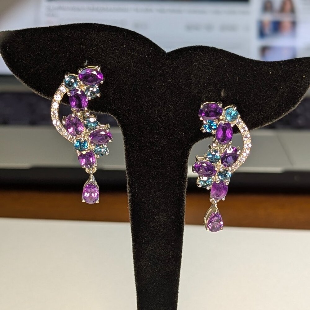 Earrings Natural Amethyst, London Blue Topaz with Tanzanite Accent! Stunning 925